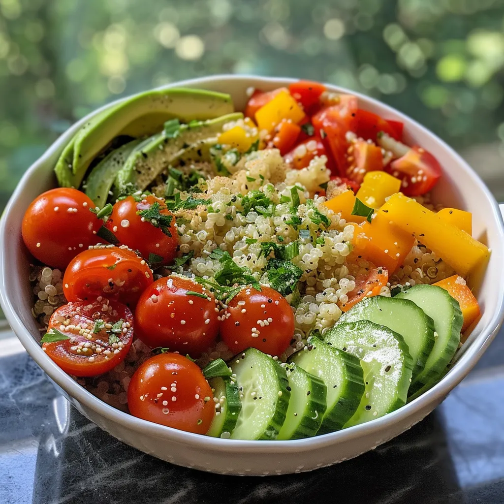 Side view of a quinoa bowl showcasing mixed vegetables and olive oil drizzle.