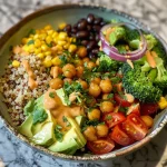 Detailed shot of a nourishing quinoa power bowl packed with healthy ingredients.