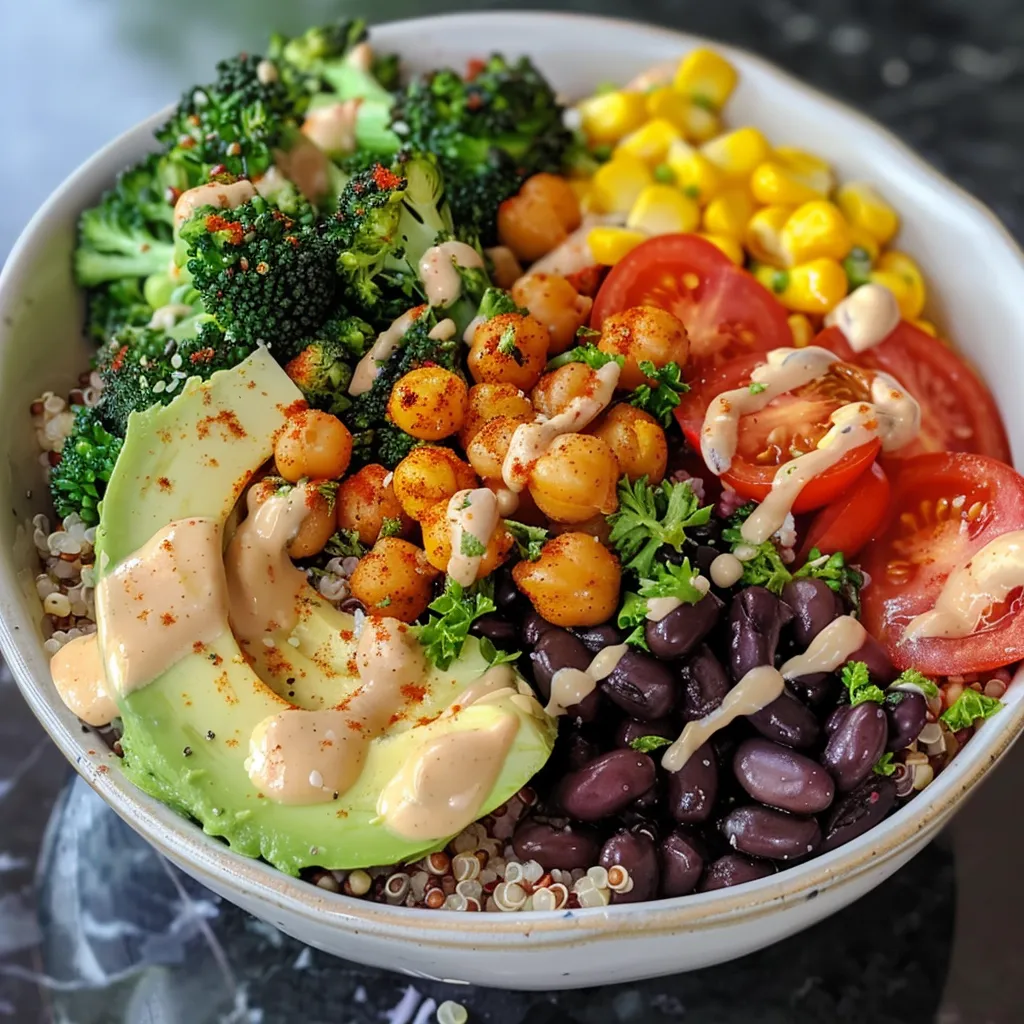 Close-up of a hearty quinoa bowl showcasing tri-color quinoa and fresh produce.