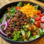 Juicy burger salad bowl filled with fresh vegetables and special sauce dressing.