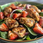 An appetizing close-up of a salad bowl showcasing juicy chicken, halved strawberries, and fresh spinach with a drizzle of dressing.