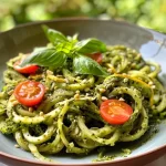 A side view of a bowl filled with vegan pumpkin seed pesto zucchini noodles.