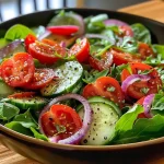 A close-up view of a healthy summer garden salad with various vegetables and a drizzle of olive oil.