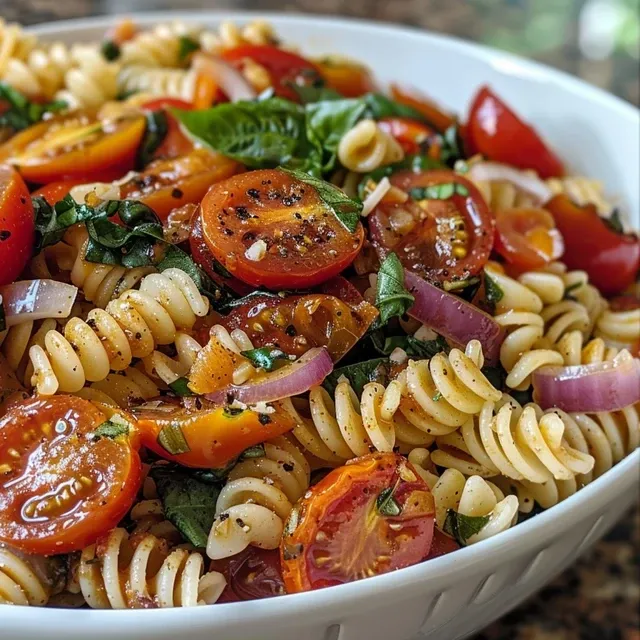A Sun-Drenched Pasta Salad That Whispers Memories of Italian Picnics Delicious-looking pasta salad showcasing rigatoni, mozzarella pearls, and fresh basil.