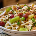 Detailed image of Waldorf Chicken Pasta Salad highlighting its fresh ingredients.