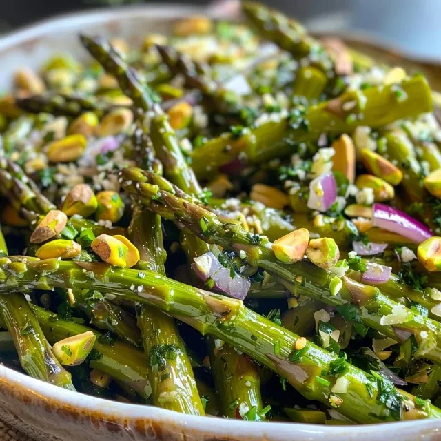 A detailed shot of a salad showcasing green asparagus, grated cheese, and toasted nuts.