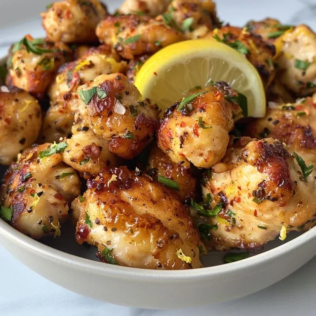 Tender Memories: Air Fryer Lemon Herb Chicken Bites That Bring Sunshine to Your Table Freshly cooked chicken bites garnished with parsley and lemon zest.