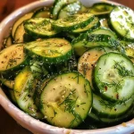 Colorful cucumber salad featuring chopped green cucumbers, lemon slices, and sprigs of dill.