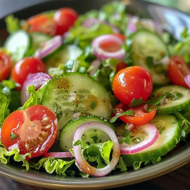 An appetizing side view of a fresh garden salad, highlighting juicy tomatoes, cucumbers, and thinly sliced red onion.