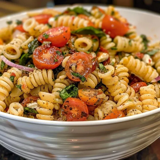 Juicy sun-dried tomato pasta salad garnished with spinach and parmesan cheese.