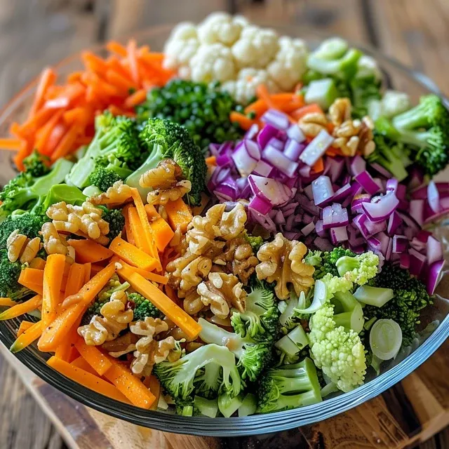 Detailed view of a salad bowl filled with broccoli, cauliflower, carrots, and walnuts, garnished with herbs.