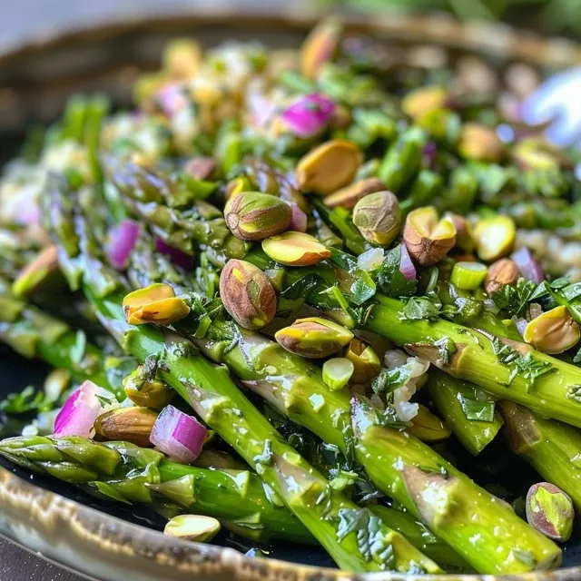 An appetizing display of lemony asparagus salad garnished with nuts and herbs.