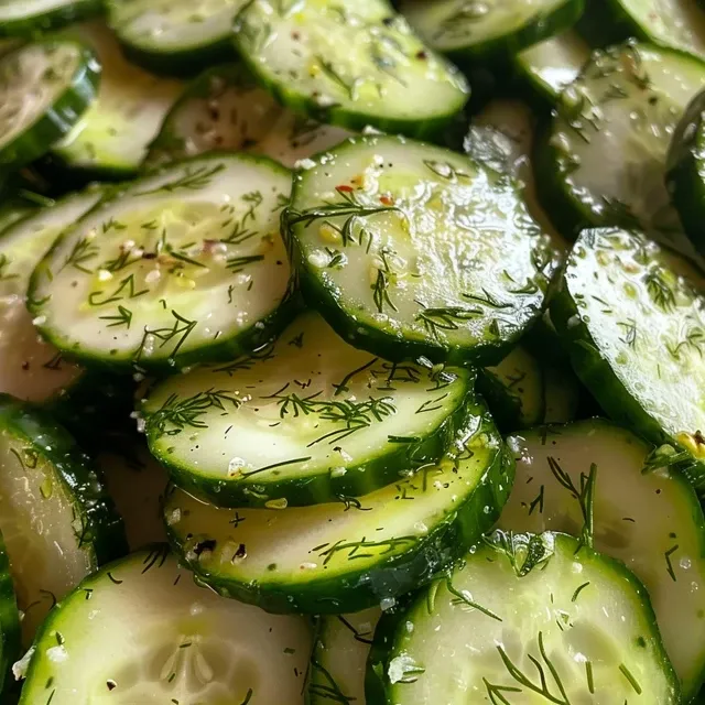 A side view of a refreshing cucumber salad with a glossy lemon dressing.