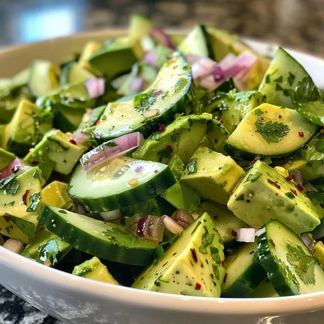 A colorful salad with sliced cucumbers and avocado, drizzled with olive oil and seasoning.