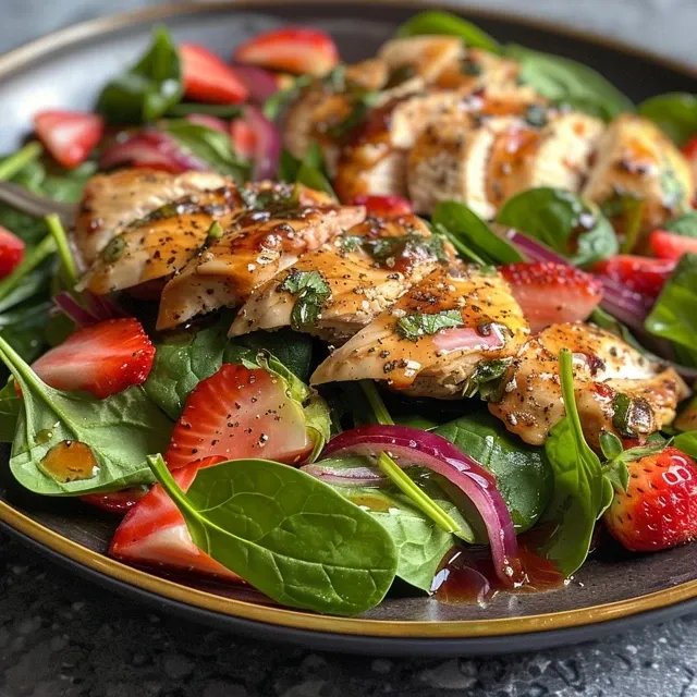 A detailed image of Chicken Strawberry Spinach Salad with red onion, garnished with ginger-lime dressing, highlighting its freshness.