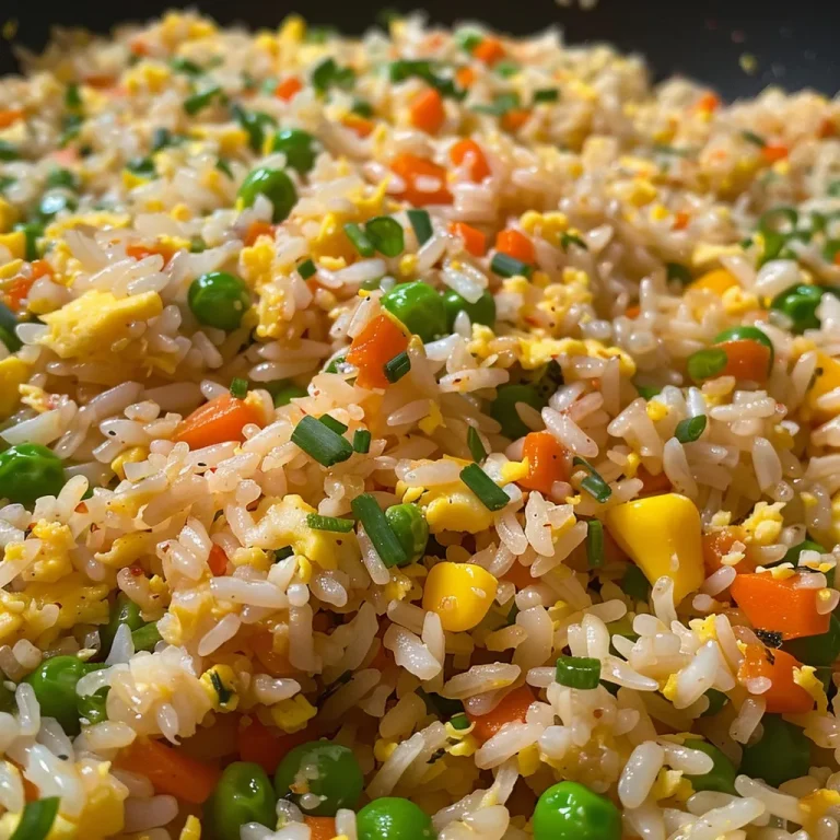 Nostalgic Moments: A 10-Minute Egg Fried Rice That Brings Us Together Detailed image of egg fried rice featuring a mix of cooked rice, vegetables, and eggs, glistening from soy sauce.