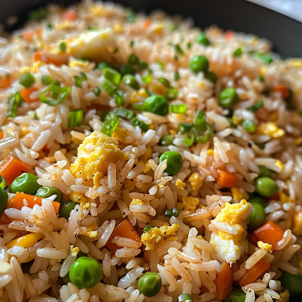 Juicy fried rice dish with a blend of vegetables and eggs, captured in a close-up view emphasizing freshness.