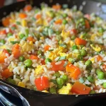 Appetizing plate of fried rice featuring mixed vegetables and scrambled eggs, ready to serve.