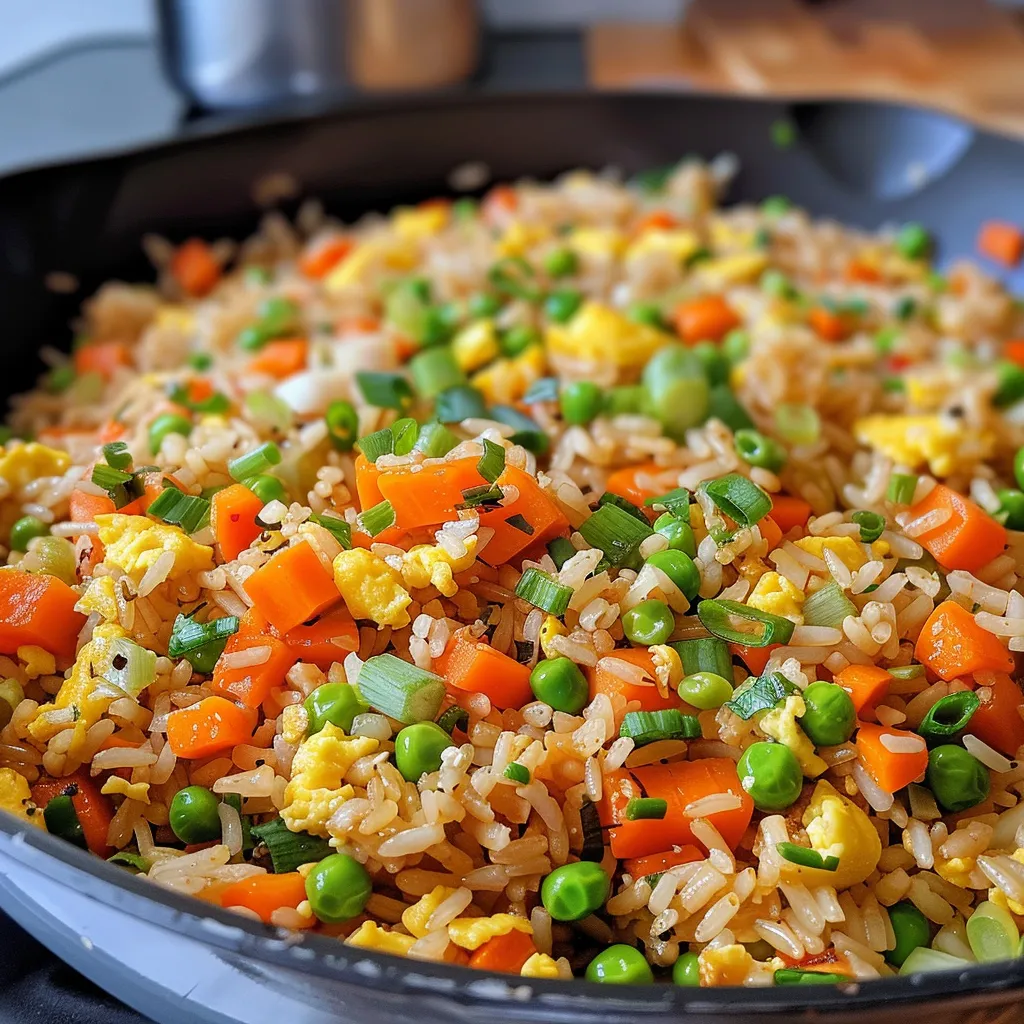 Juicy and colorful veggie fried rice in a bowl, highlighting the ingredients and textures.
