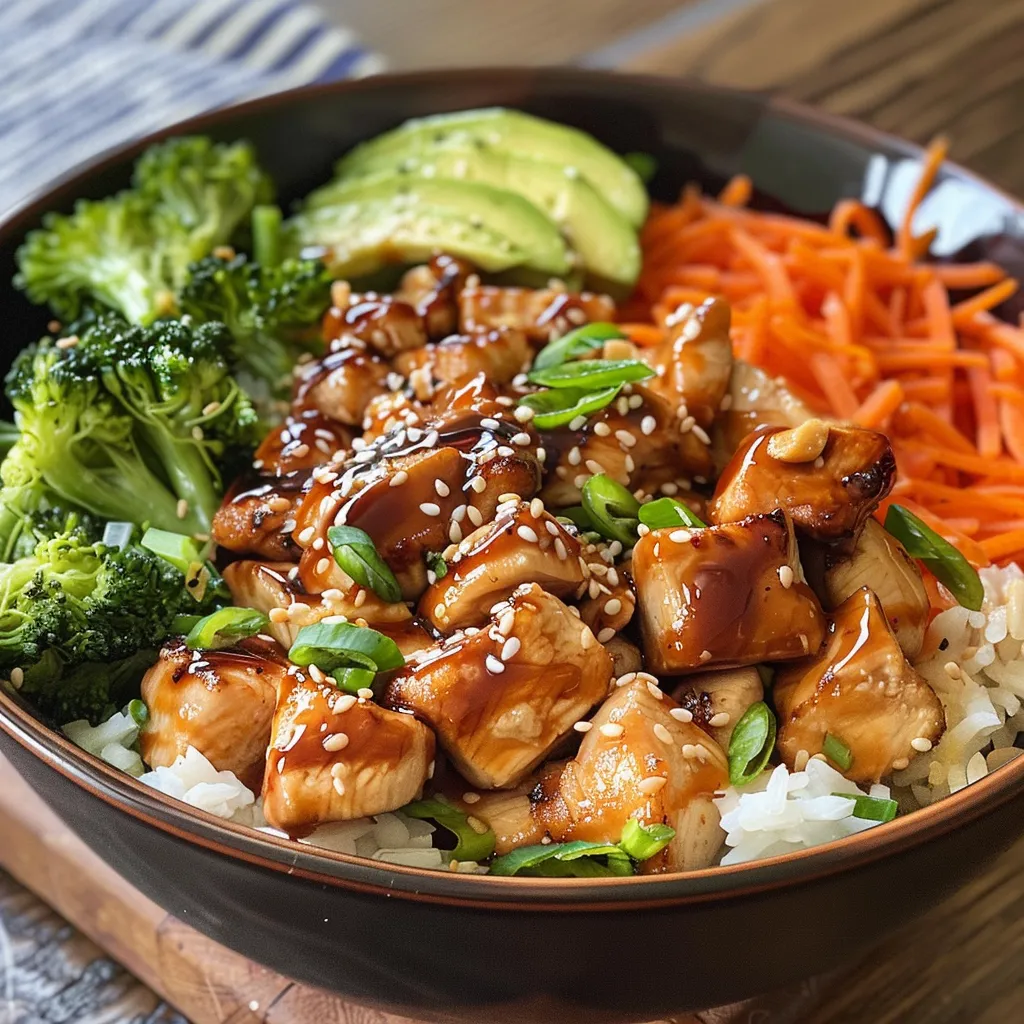 Gourmet presentation of teriyaki chicken bowl featuring sliced avocado and sesame seeds.