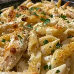 Juicy Chicken Alfredo with penne pasta and creamy sauce in a serving dish.