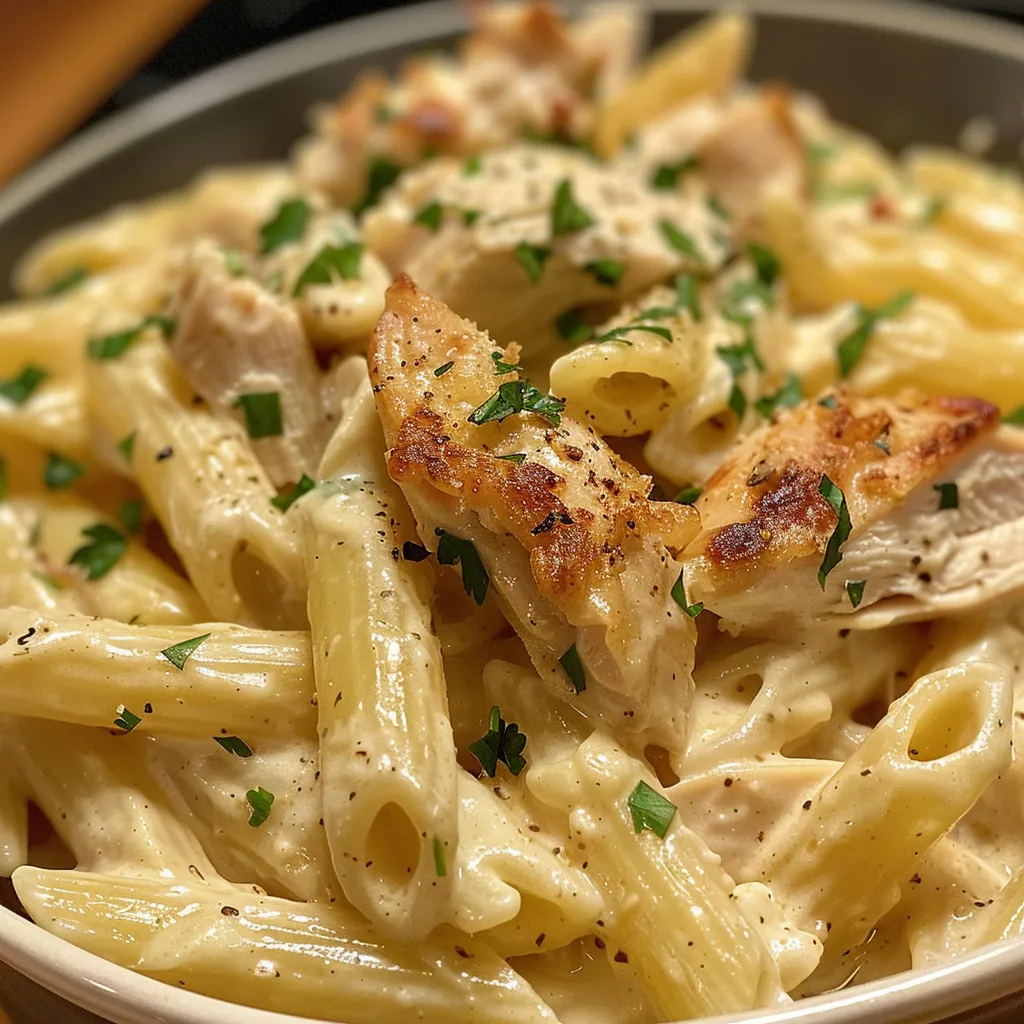 A delicious close-up of 5-Ingredient Chicken Alfredo garnished with parsley.