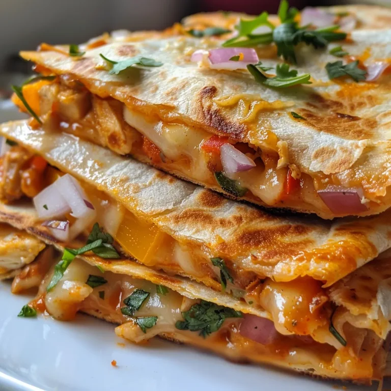 Delicious quesadilla cut into triangles, revealing cheese and chicken filling.