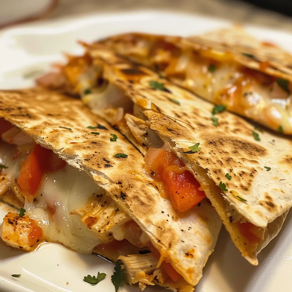 Side view of a quesadilla with vibrant bell peppers and onions, placed on a plate.