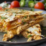 Deliciously crispy chicken quesadilla displaying layers of chicken and bubbling cheese, served on a plate.