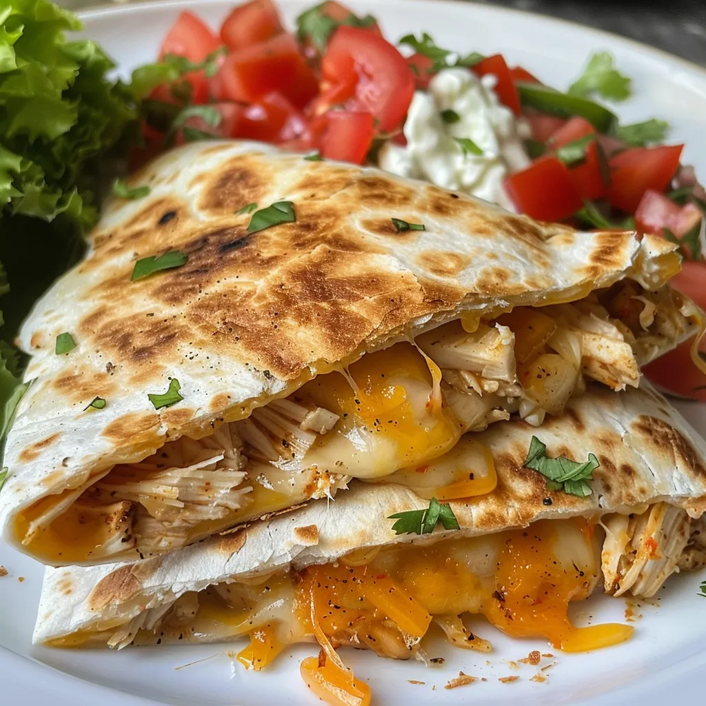 Appetizing air fryer chicken quesadilla, highlighted with a rich golden crust and vibrant toppings like salsa.