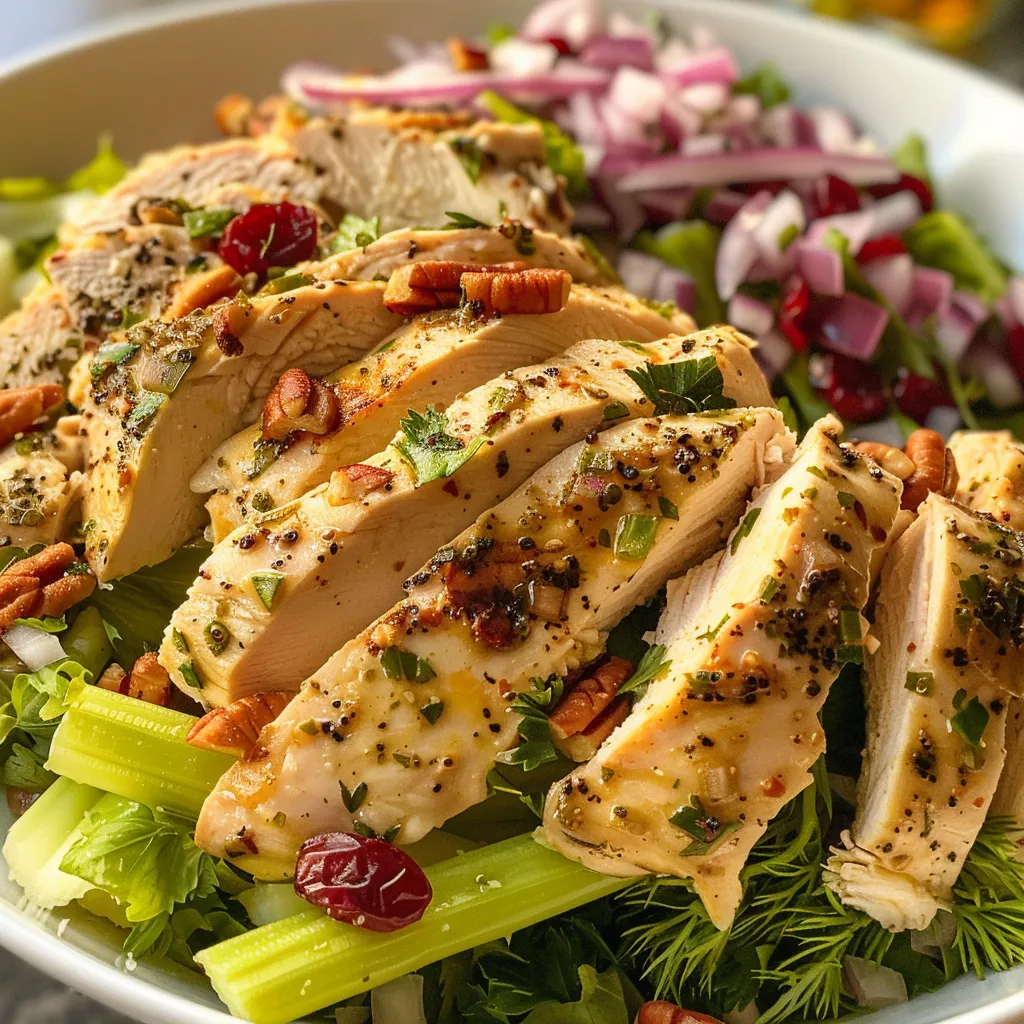 A detailed side view of a hearty Air Fryer Chicken Salad with mayonnaise dressing and cooked chicken pieces.