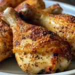 Raw chicken thighs seasoned with spices, displayed in a close-up shot from the side.