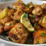 Golden-brown Air Fryer chicken bites with a sprinkle of herbs and lemon slices.