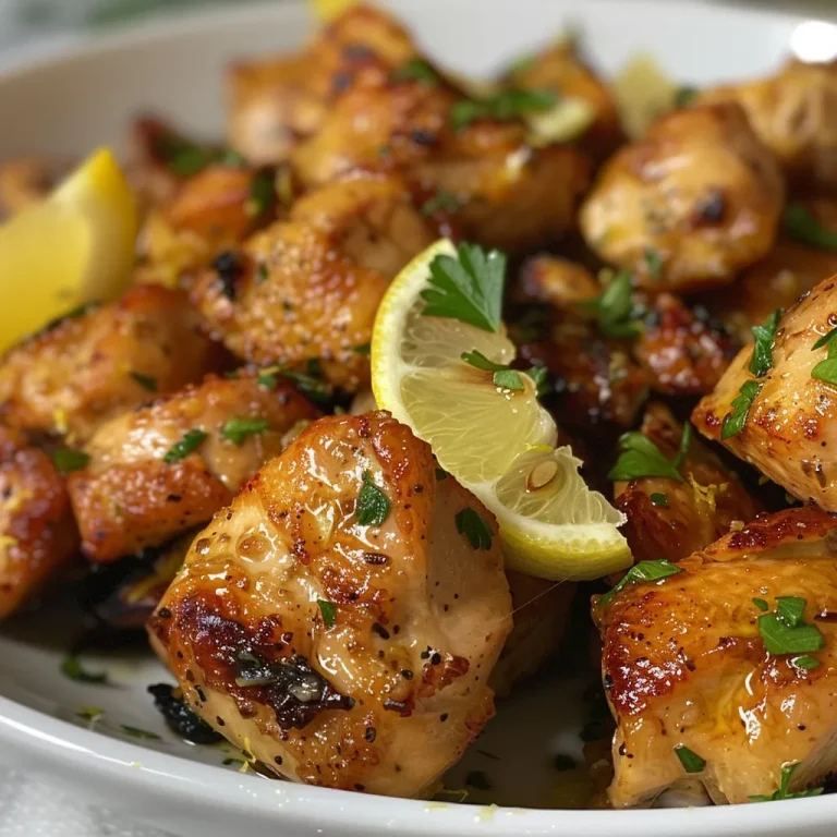Golden-brown Air Fryer chicken bites with a sprinkle of herbs and lemon slices.