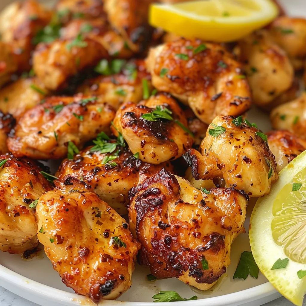 Delicious Air Fryer chicken bites served with bright lemon wedges and herbs.