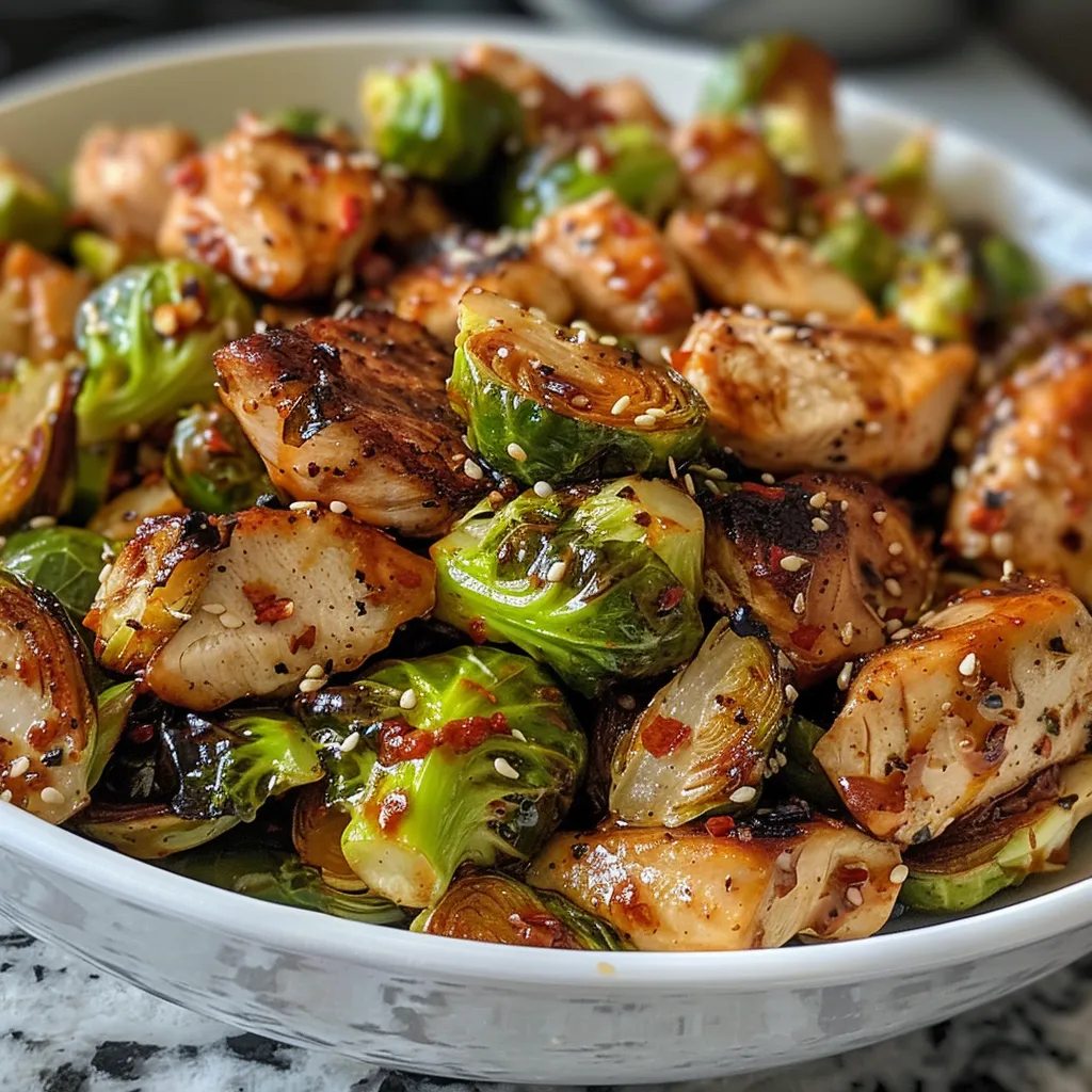 A tantalizing arrangement of Air Fryer Sweet Chili Chicken and Brussels sprouts, emphasizing the dish's rich colors and juicy appearance.