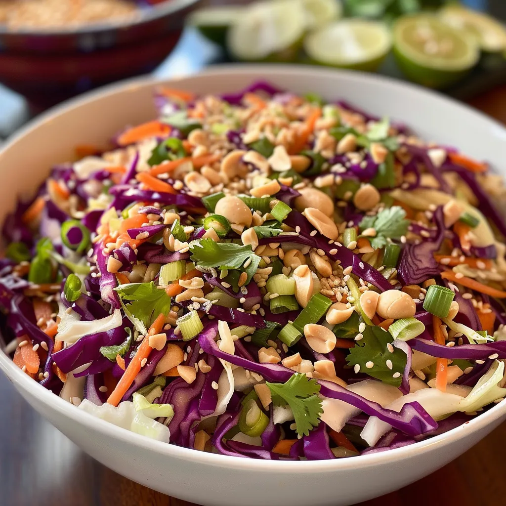 A fresh and vibrant Asian Peanut Slaw showcasing various vegetables and a creamy dressing.
