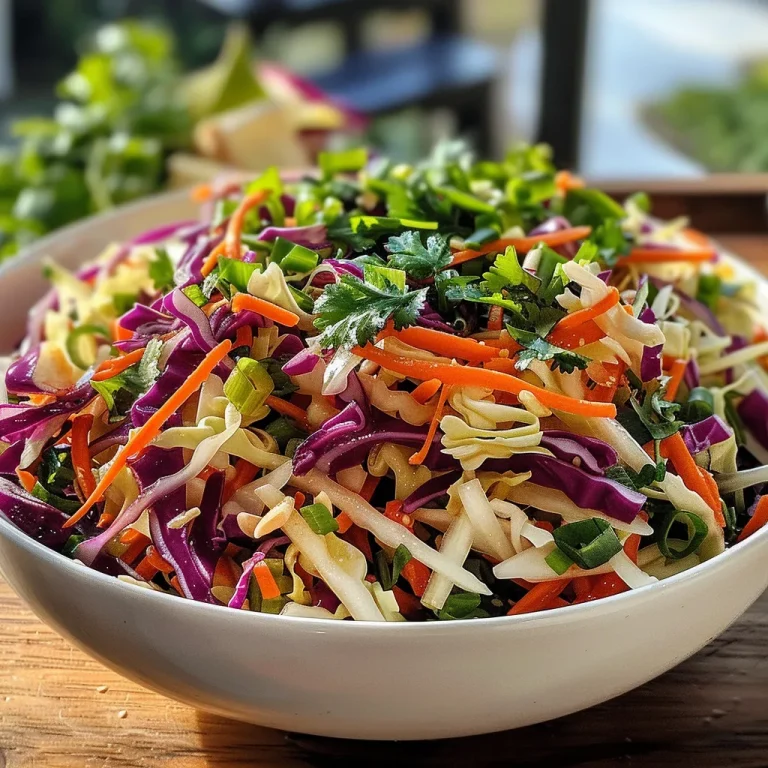 Colorful Asian slaw salad displayed in a bowl, showcasing layers of shredded cabbage and carrots.