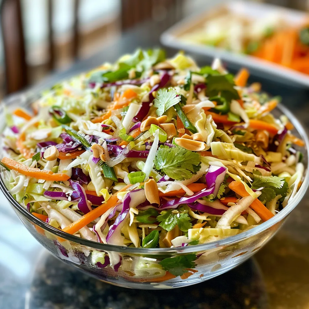 Detail of crunchy Asian slaw salad with bright vegetables and herbs, captured from a side angle.