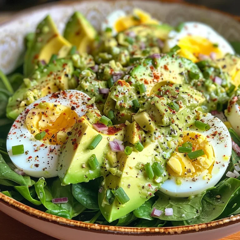 A Creamy Connection: Wholesome Avocado and Spinach Egg Salad for the Soul Detailed shot of a fresh egg salad with green spinach and ripe avocado, garnished with herbs.