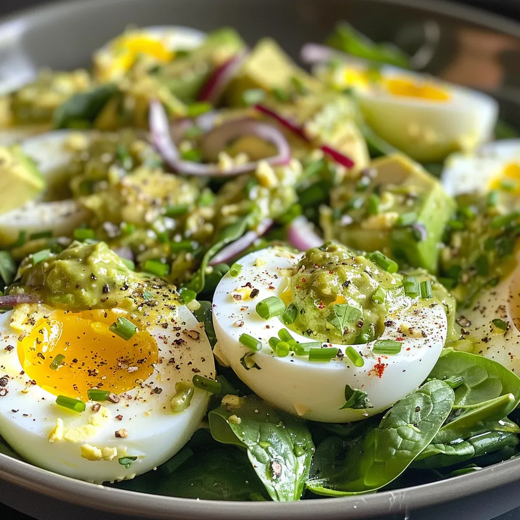 Close-up of a delicious egg salad made with hard-boiled eggs, creamy avocado, and fresh spinach.