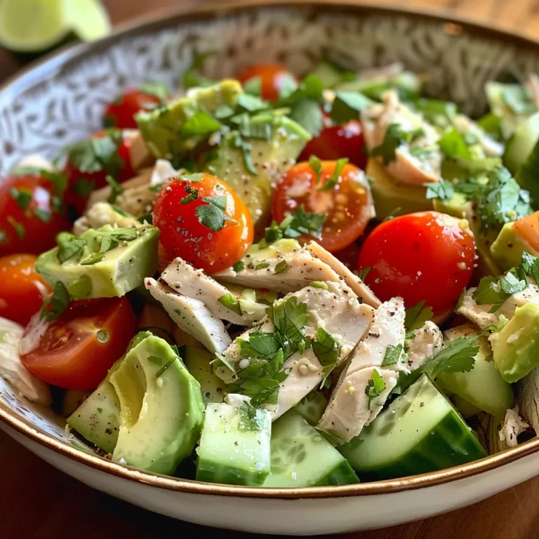 A Heartfelt Twist on Chicken Salad: Creamy Avocado Love Side view of a delicious avocado chicken salad, showcasing its vibrant colors and creamy consistency.
