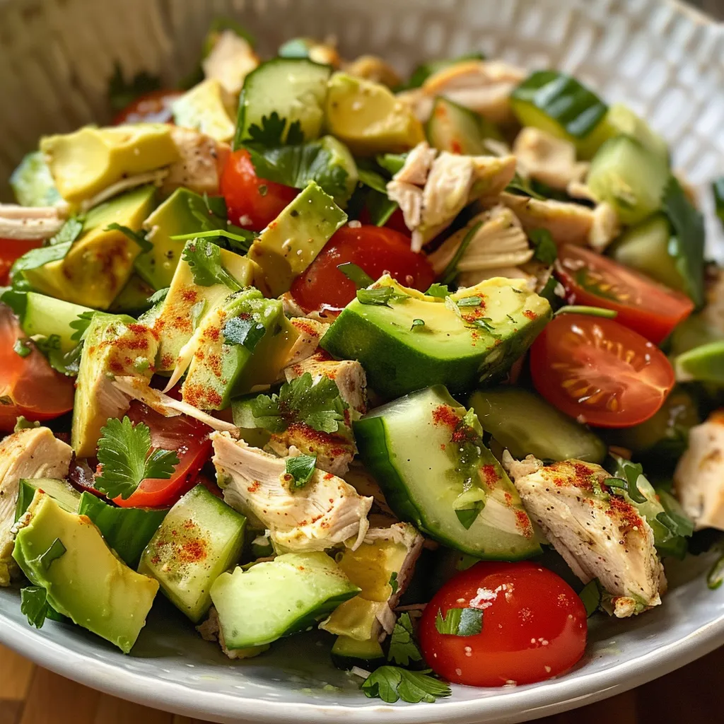 Detailed shot of avocado chicken salad with pieces of chicken, avocado, and herbs, emphasizing its freshness.