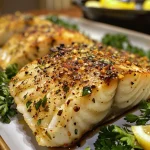 Side view of succulent Baked Cod with a golden crust and minced garlic.
