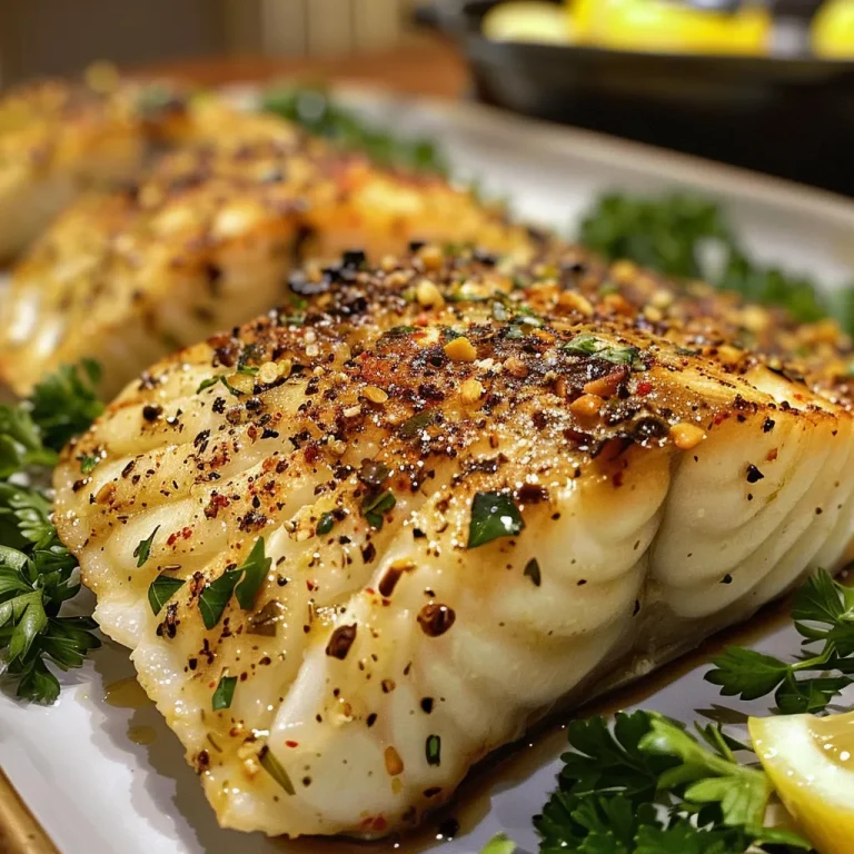 A Zesty Embrace: Baked Cod with Lemon and Garlic for Family Gatherings Side view of succulent Baked Cod with a golden crust and minced garlic.