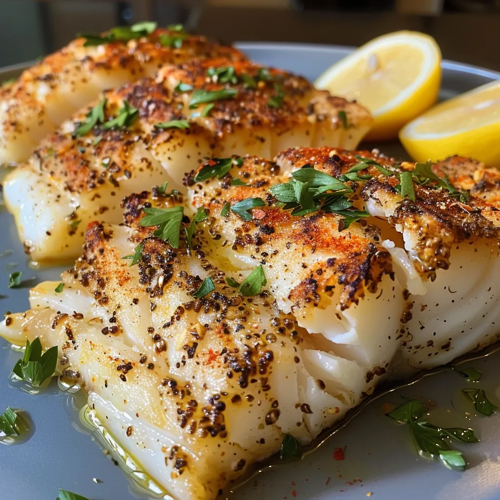 Sauteed Baked Cod with lemon and fresh garlic on a rustic wooden table.