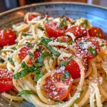 Colorful dish of cherry tomato pasta garnished with fresh basil leaves.