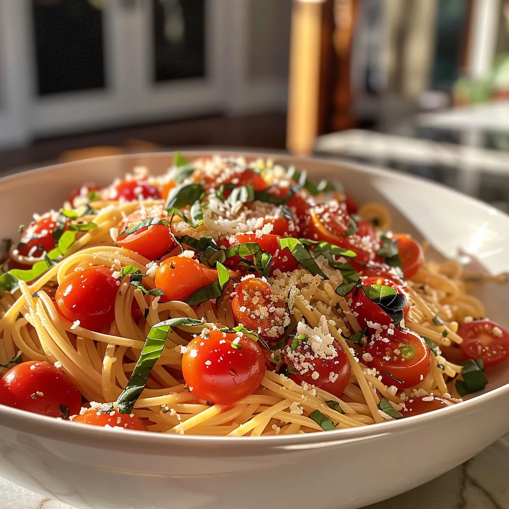 Detailed view of a delicious cherry tomato pasta dish with garlic and olive oil.