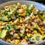 A vibrant salad with chicken, avocado, and corn ingredients arranged visually appealing.