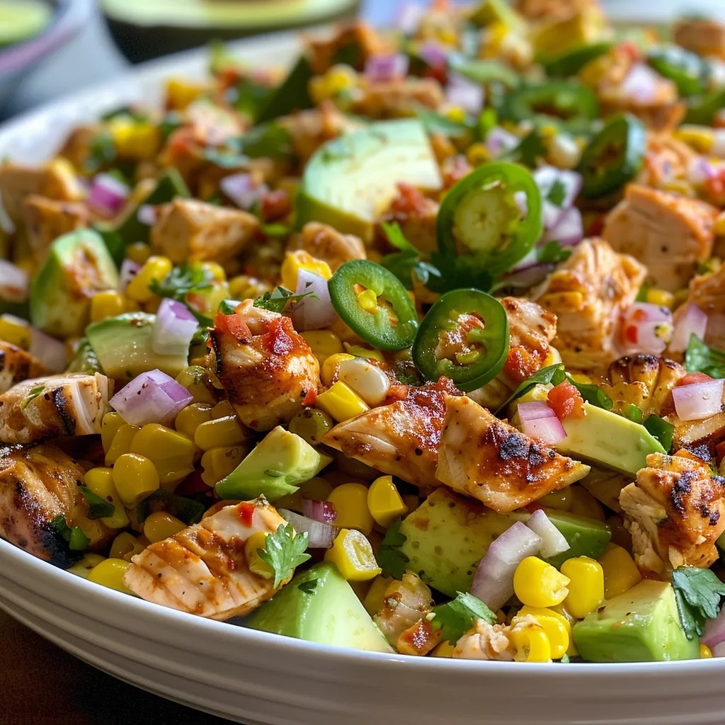 Side view of a Chicken Avocado Corn Salad with fresh ingredients and textures.